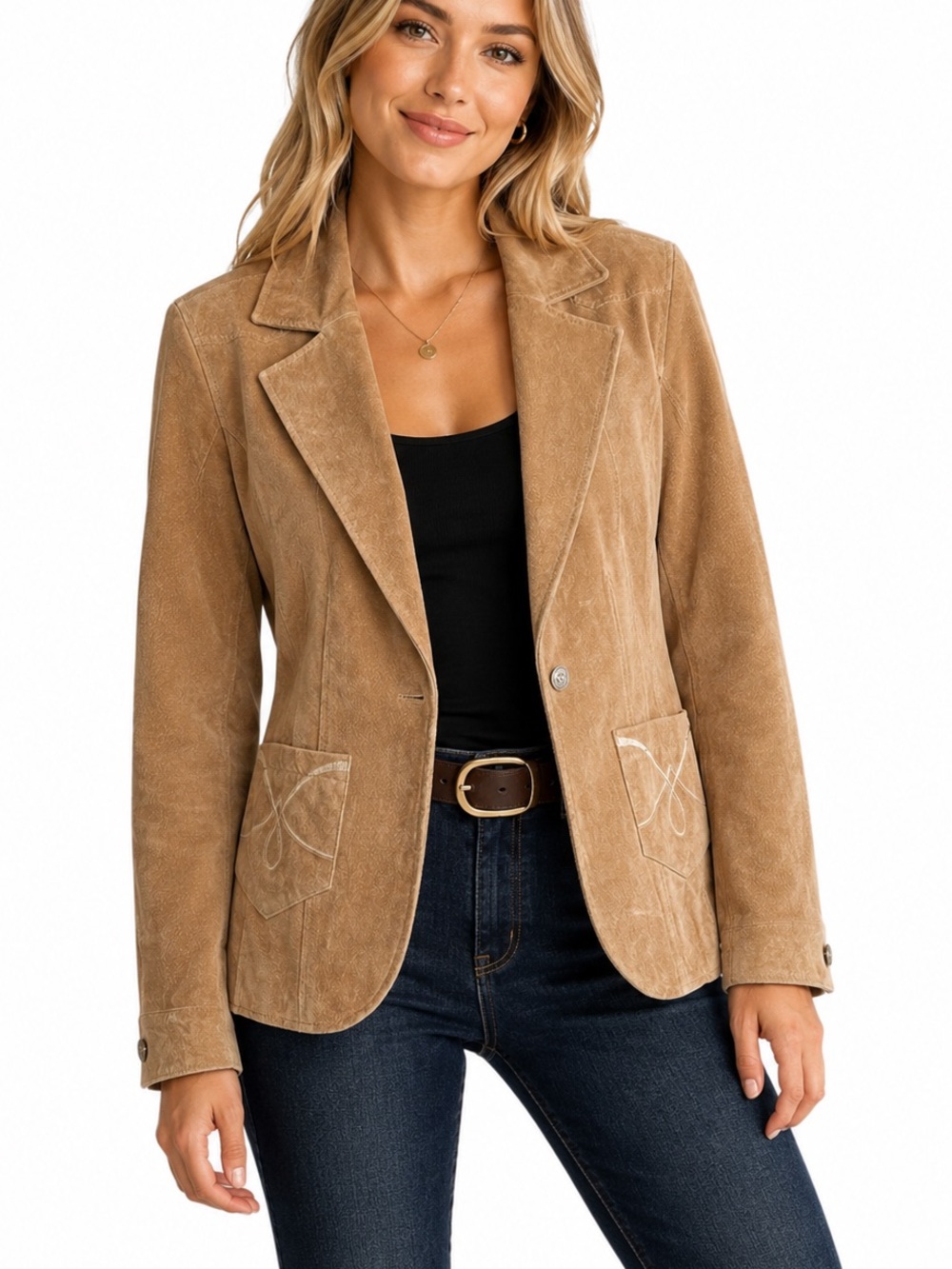 Cervelle Genuine Leather Suede Blazer Jacket Tan Western Embroidered Size Medium